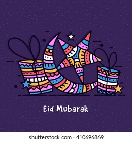 Elegant greeting card design with colourful crescent moon, stars and gifts on purple background for Islamic Famous Festival, Eid Mubarak celebration.