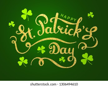 Elegant greeting card design with creative shiny text from golden particles. Happy St. Patrick's Day on white background