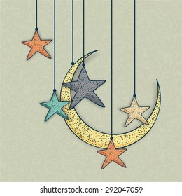 Elegant greeting card design with creative hanging crescent moon and stars on grungy background for famous Islamic festival, Eid celebration.