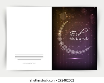 Elegant greeting card design with creative crescent moon made by floral design flowers for muslim community festival, Eid Mubarak celebration.