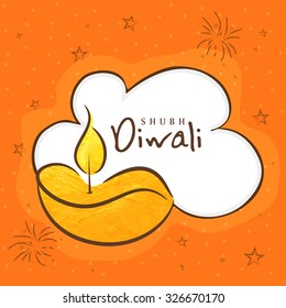 Elegant greeting card design with creative golden lit lamp on orange background for Indian Festival of Lights celebration.