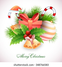 Elegant greeting card design with creative glossy ornaments for Merry Christmas celebration.