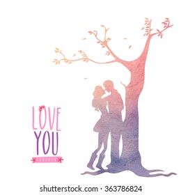 Elegant greeting card design with creative illustration of young couple in love under a tree on occasion of Valentine's Day celebration.