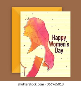 Elegant greeting card design with creative illustration of a young girl for Happy Women's Day celebration.