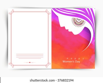 Elegant greeting card design with creative illustration of girl face for Happy Women's Day celebration.