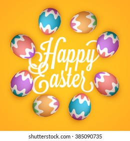 Elegant greeting card design with creative colorful eggs on yellow background for Happy Easter celebration.