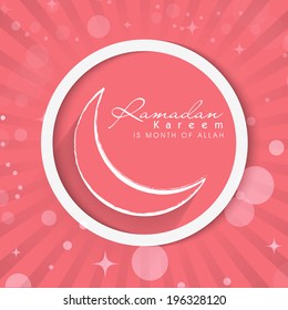Elegant greeting card design with crescent moon on pink rays background for holy month of Muslim community Ramadan Kareem. 