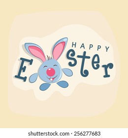 Elegant greeting card design with cute smiling bunny for Happy Easter celebration.