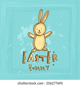 Elegant greeting card design with cute Easter Bunny on sky blue background.
