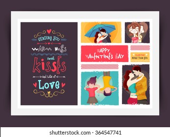 Elegant greeting card design with cute couple in love for Happy Valentine's Day celebration.