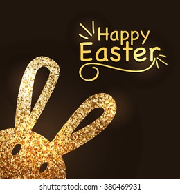 Elegant greeting card design with cute Bunny, made by golden glitter for Happy Easter celebration.