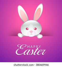 Elegant greeting card design with cute Bunny on shiny background for Happy Easter celebration.
