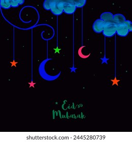 Elegant Greeting Card design decorated with crescent moons and stars hanging by clouds for Islamic Holy Festival, Eid Mubarak celebration.