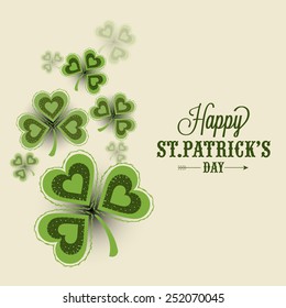 Elegant greeting card design decorated with creative shamrock leaves for Happy St. Patrick's Day celebration.