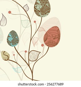 Elegant greeting card design decorated with floral eggs for Happy Easter celebration.