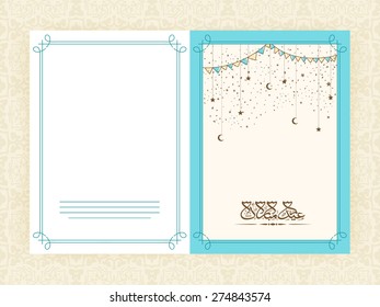 Elegant greeting card design decorated with Arabic Islamic calligraphy of text Eid Mubarak on hanging stars and moons decorated background.