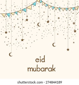 Elegant greeting card design decorated with hanging crescent moon, stars and buntings for Muslim community festival, Eid celebration.