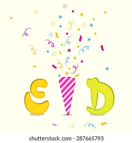 Elegant greeting card design decorated with shiny stylish text Eid and colorful confetti for Muslim community festival, celebration.
