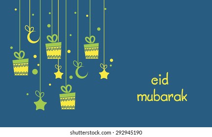 Elegant greeting card design decorated with hanging gifts, stars and crescent moons on blue background for holy festival of Muslim community, Eid celebration.