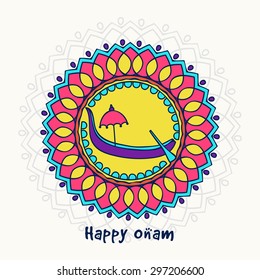 Elegant greeting card design decorated with beautiful floral pattern and snake boat on grey background for South Indian festival, Happy Onam celebration.