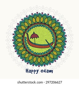 Elegant greeting card design decorated with floral rangoli and snake boat for South Indian festival, Happy Onam celebration.
