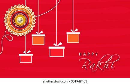 Elegant greeting card design decorated with beautiful floral rakhi and hanging gifts for Indian festival of brother and sister love, Happy Raksha Bandhan celebration.