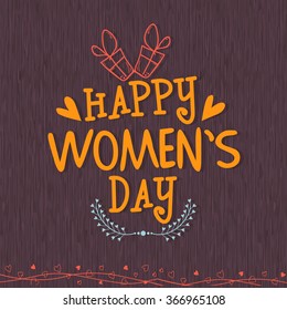 Elegant greeting card design decorated with gifts and hearts for Happy Women's Day celebration.