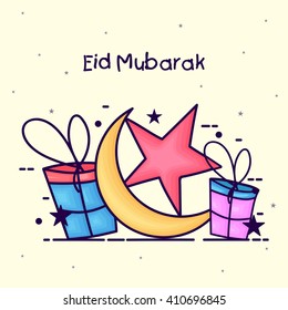 Elegant greeting card design decorated with crescent moon, star and gifts for Islamic Famous Festival, Eid Mubarak celebration.