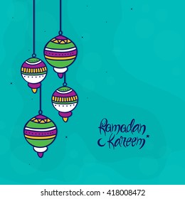 Elegant greeting card design decorated with colourful hanging lamps for Holy Month of Muslim Community, Ramadan Kareem celebration.