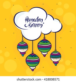 Elegant greeting card design decorated with colourful hanging lamps on yellow background for Holy Month of Muslim Community, Ramadan Kareem celebration.