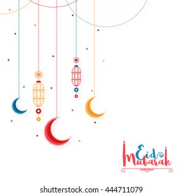 Elegant Greeting Card design decorated with hanging lanterns and colourful crescent moons for Muslim Community Famous Festival, Eid Mubarak celebration.