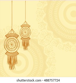 Elegant Greeting Card design decorated with hanging lamps (Kandil) for Indian Festival of Lights, Happy Diwali celebration.