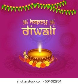 Elegant Greeting Card design decorated with beautiful illuminated Oil Lamp (Diya) on floral decorated shiny background for Indian Festival of Lights, Happy Diwali celebration.