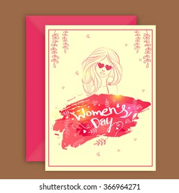 Elegant greeting card design with envelope and illustration of a young girl for Happy Women's Day celebration.