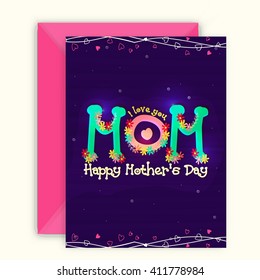 Elegant Greeting Card design with Envelope, Glossy text Mom with colorful flowers decoration for Happy Mother's Day celebration.