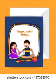 Elegant Greeting Card design with Envelope, Illustration of cute sister tying rakhi on her brother's wrist, Concept for Indian Festival, Raksha Bandhan celebration.