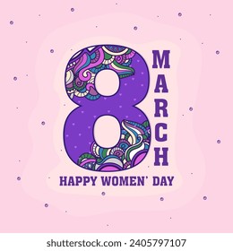 Elegant Greeting Card Design with Floral Number of Eight Number for 8th March, Happy Women's Day Celebration.