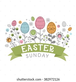 Elegant greeting card design with floral decorated eggs for Happy Easter Sunday celebration.