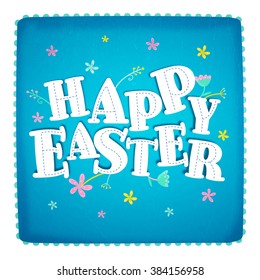 Elegant greeting card design with flowers decorated stylish paper text Happy Easter on sky blue background.