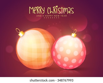 Elegant greeting card design with glossy Xmas Balls on shiny background for Merry Christmas and Happy New Year celebrations.