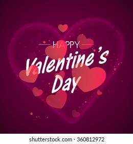 Elegant greeting card design with glossy pink hearts on purple background for Happy Valentine's Day celebration.
