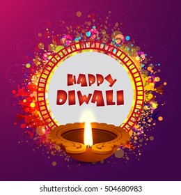 Elegant Greeting Card design with glossy illuminated Oil Lamp (Diya) on colorful abstract background for Indian Festival of Lights, Happy Diwali celebration.