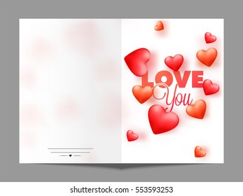 Elegant Greeting Card design with Glossy Hearts and Stylish Text Love You for Happy Valentine's Day celebration.
