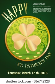 Elegant greeting card design with gold coins and a large golden clover. Happy St. Patrick's Day. 17 March. St. Patrick's Day poster. Vector illustration.