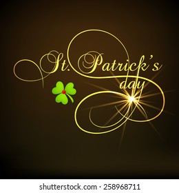 Elegant greeting card design with golden text St. Patrick's Day and clover leaf on shiny brown background.