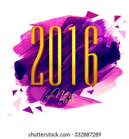 Elegant greeting card design with golden text 2016 on paint stroke background for Happy New Year celebration.