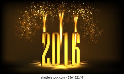 Elegant greeting card design with golden text 2016 on shiny brown background for Happy New Year celebration.