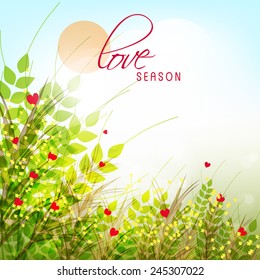 Elegant greeting card design with green plants and hearts for Love Season.