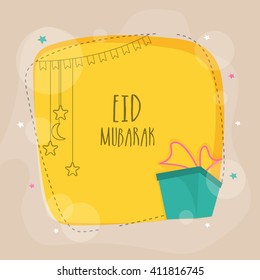 Elegant greeting card design with green gift box and space to add your wishes for Islamic Holy Festival, Eid Mubarak celebration.