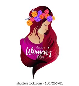 Elegant greeting card design with illustration of young girl,flowers,printed background for Happy Women's Day celebration